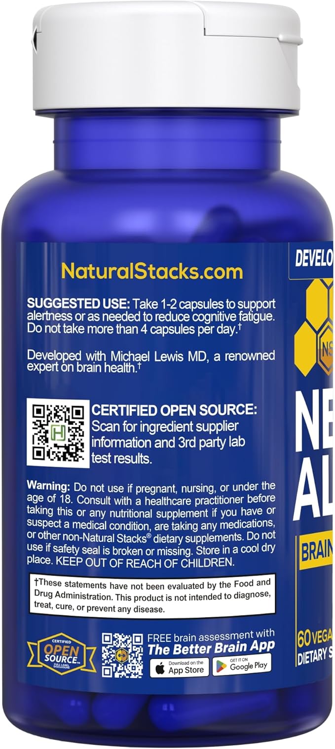 NATURAL STACKS NeuroAlert - 200mg Paraxanthine Energy Supplement - Caffeine Free Focus w/ 500mg L-Tyrosine & 100mg L-Theanine - 10mg NADH for Cellular Energy Support - 60 Paraxanthine Capsules