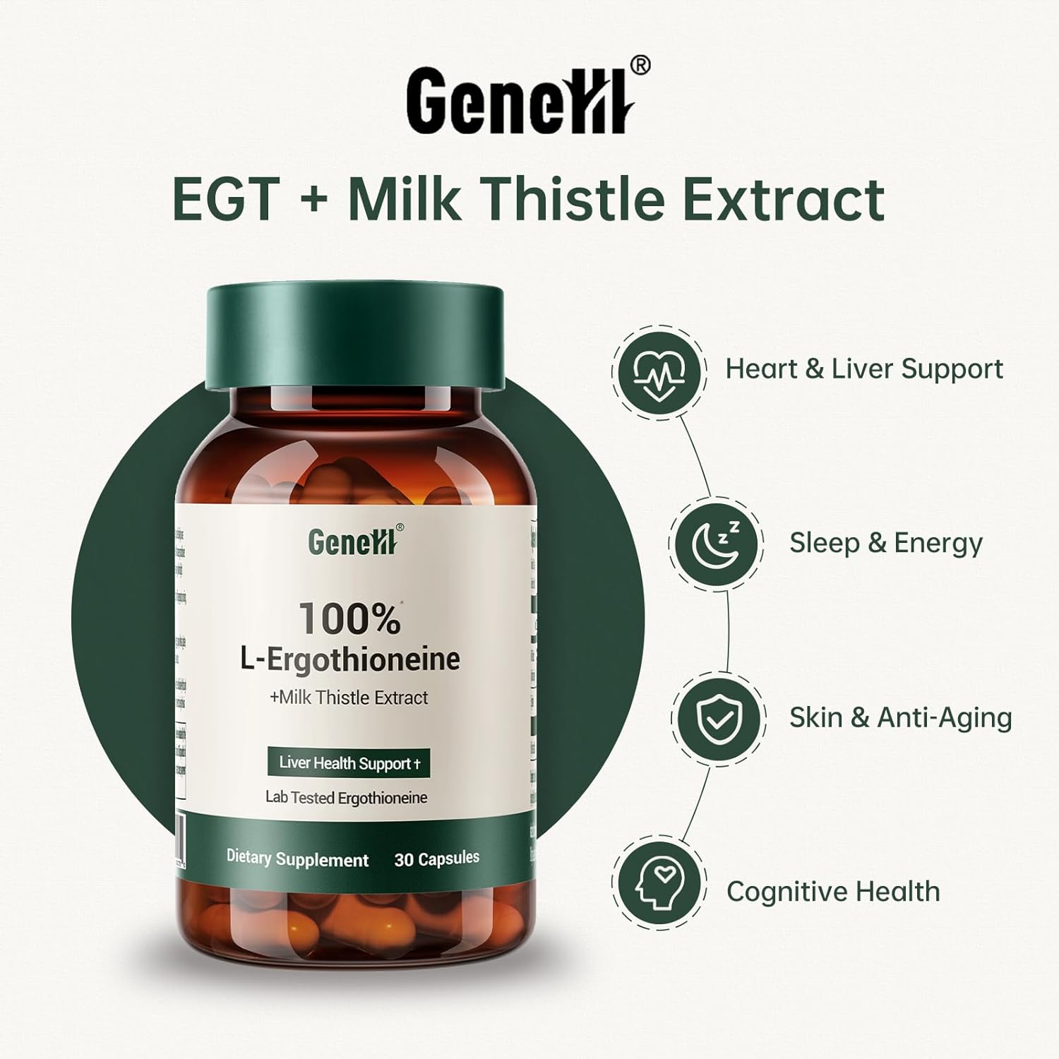 Milk Thistle + L-Ergothioneine Supplement – Advanced Cellular and Liver Health Support – 30mg High-Purity Ergothioneine – Vegan, Non-GMO, 30 Count