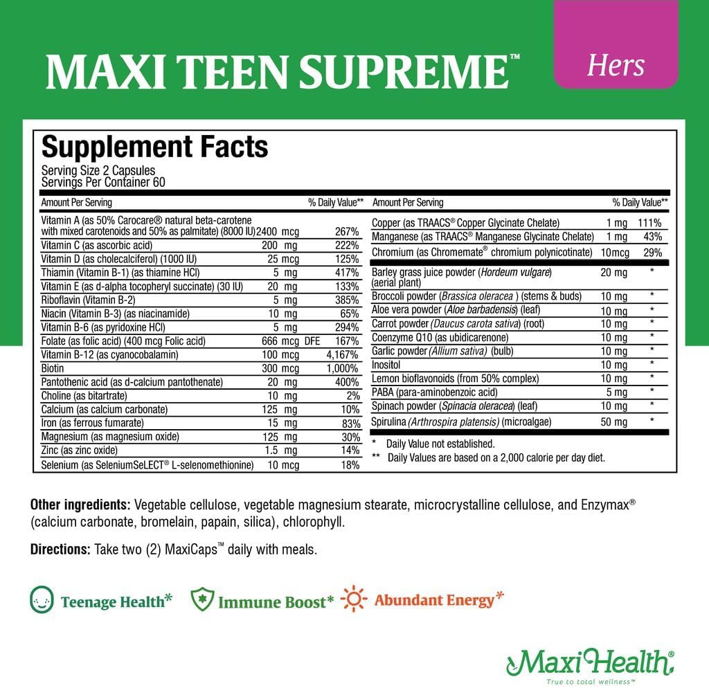 Teen Vitamins for Girls 12-17 - Teen Multivitamin D3, Iron, Calcium, Biotin, Zinc, Digestive Enzymes – Teenager Girl Multi Vitamins for Healthy Skin, Immune & Mood Support – 120 Count