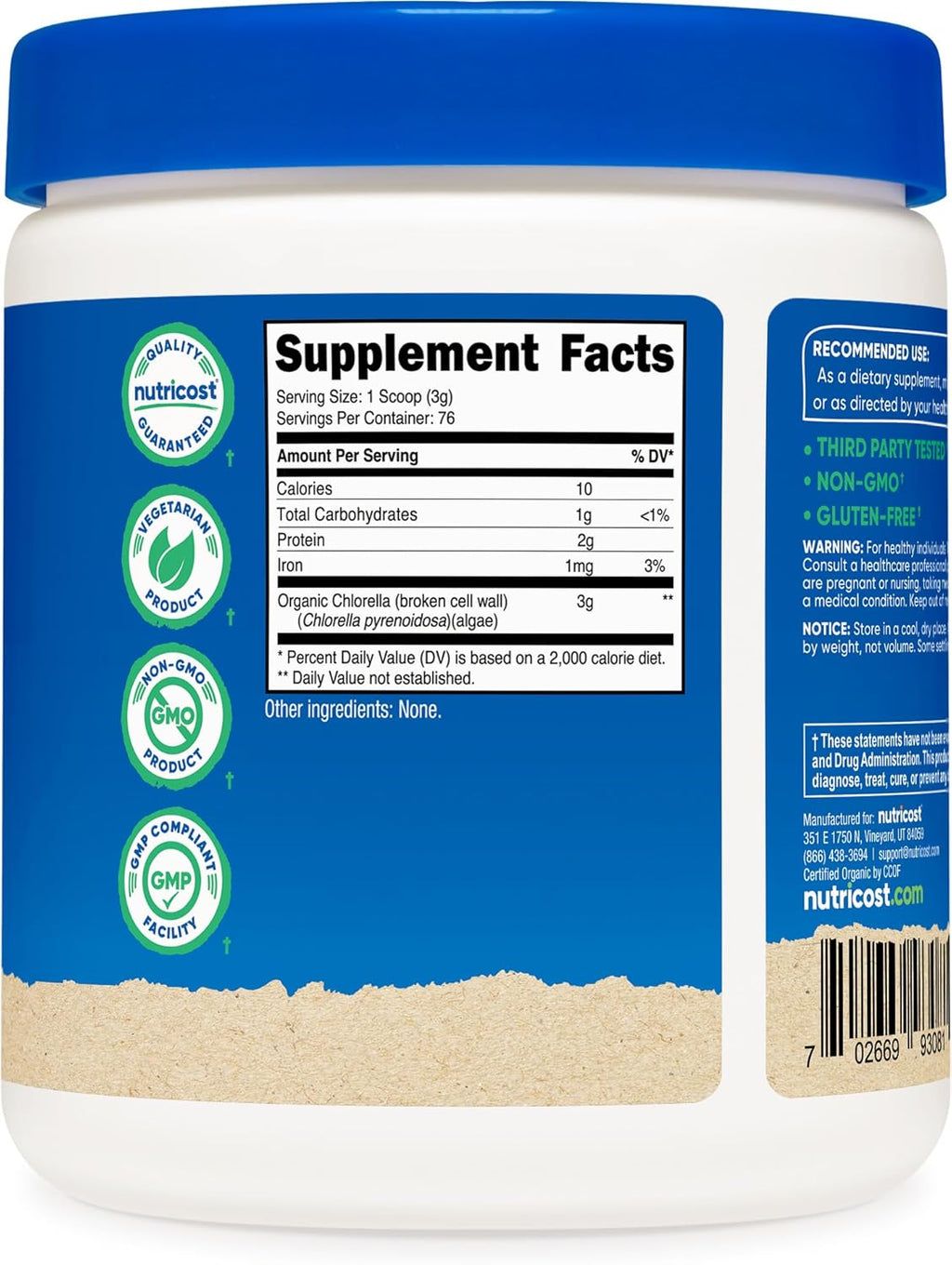 Nutricost Organic Chlorella Powder 8oz - 3000mg Per Serving - Non-GMO, Gluten Free