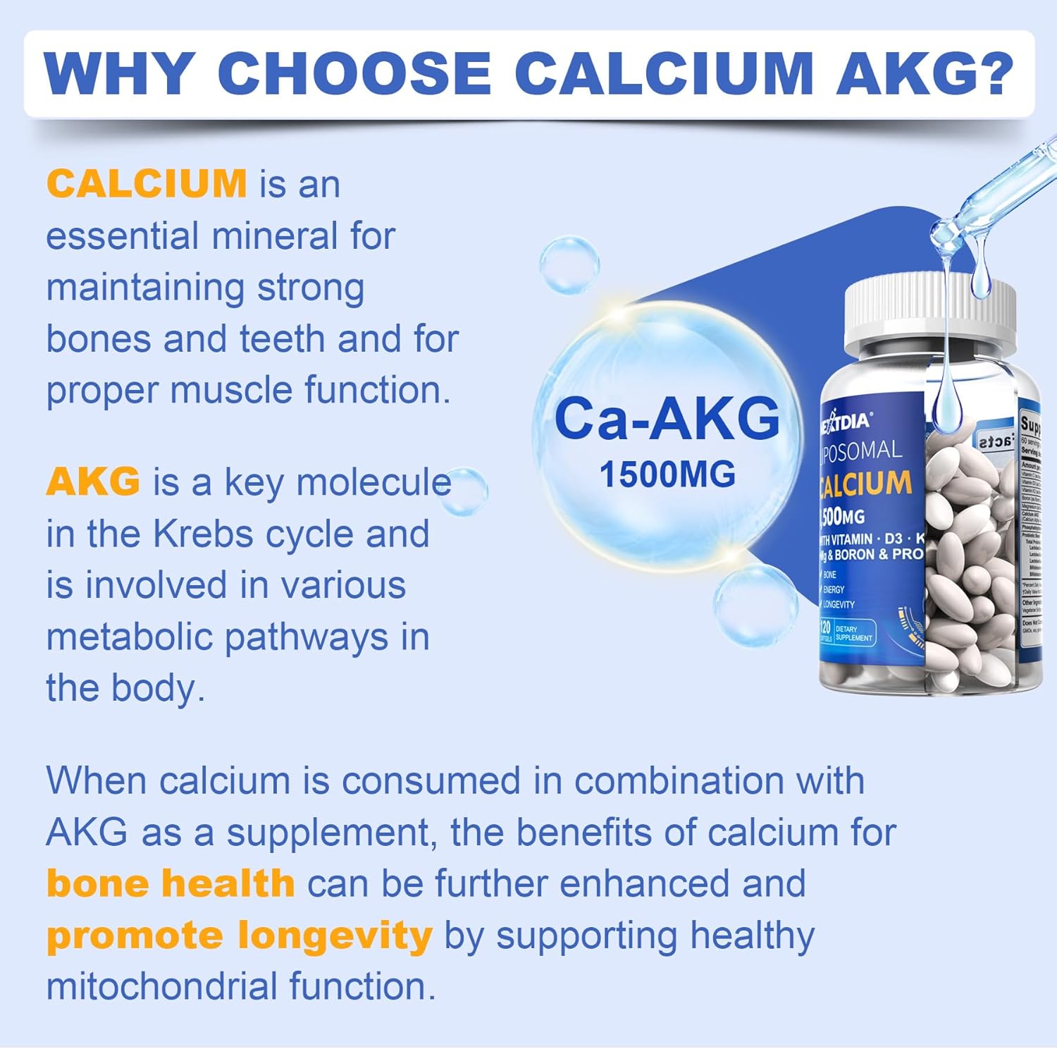Liposomal Calcium AKG Supplement 1500mg with Vitamin D3 & K2 Softgels for Women & Men│ High Absorption│Calcium Supplements with Magnesium Glycinate, Boron, Probiotics & Vitamin C for Bone - 120 Pills
