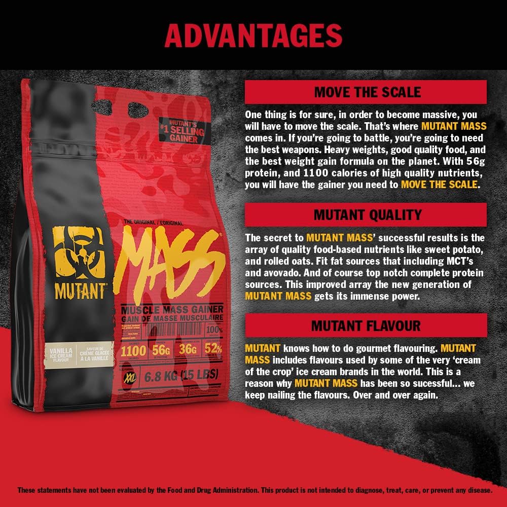 Mutant Mass Weight Gainer Protein Powder – Build Muscle Size and Strength with 1100 Calories – 56 g Protein – 26.1 g EAAs – 12.2 g of BCAAs – 15 lbs with 24 Servings – Cookies & Cream