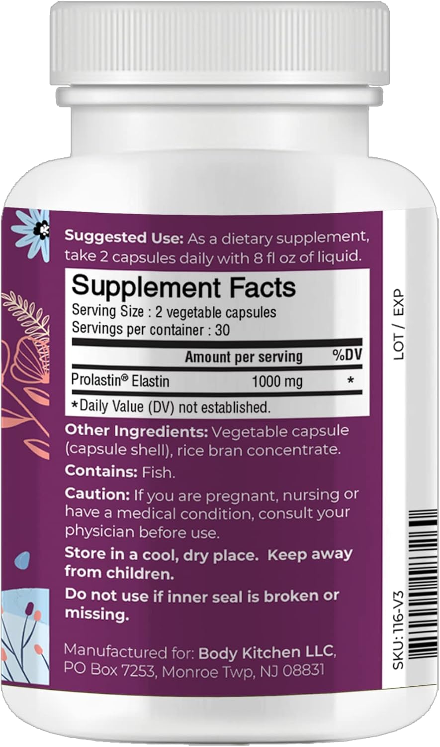 Body Kitchen Pro-Elastin, 1000 mg Elastin Supplement, Help Reduce Signs of Aging, Improved Skin Health, Firmness & Elasticity, Fewer Wrinkles, Veggie Caps, (Pack of 2)