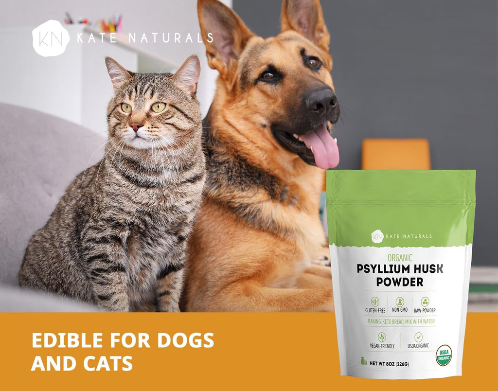 Kate Naturals Psyllium Husk Powder for Baking, Fiber. Psyllium Seed Powder for Dogs & Cats (8oz, Organic, Gluten Free, Pet Safe)