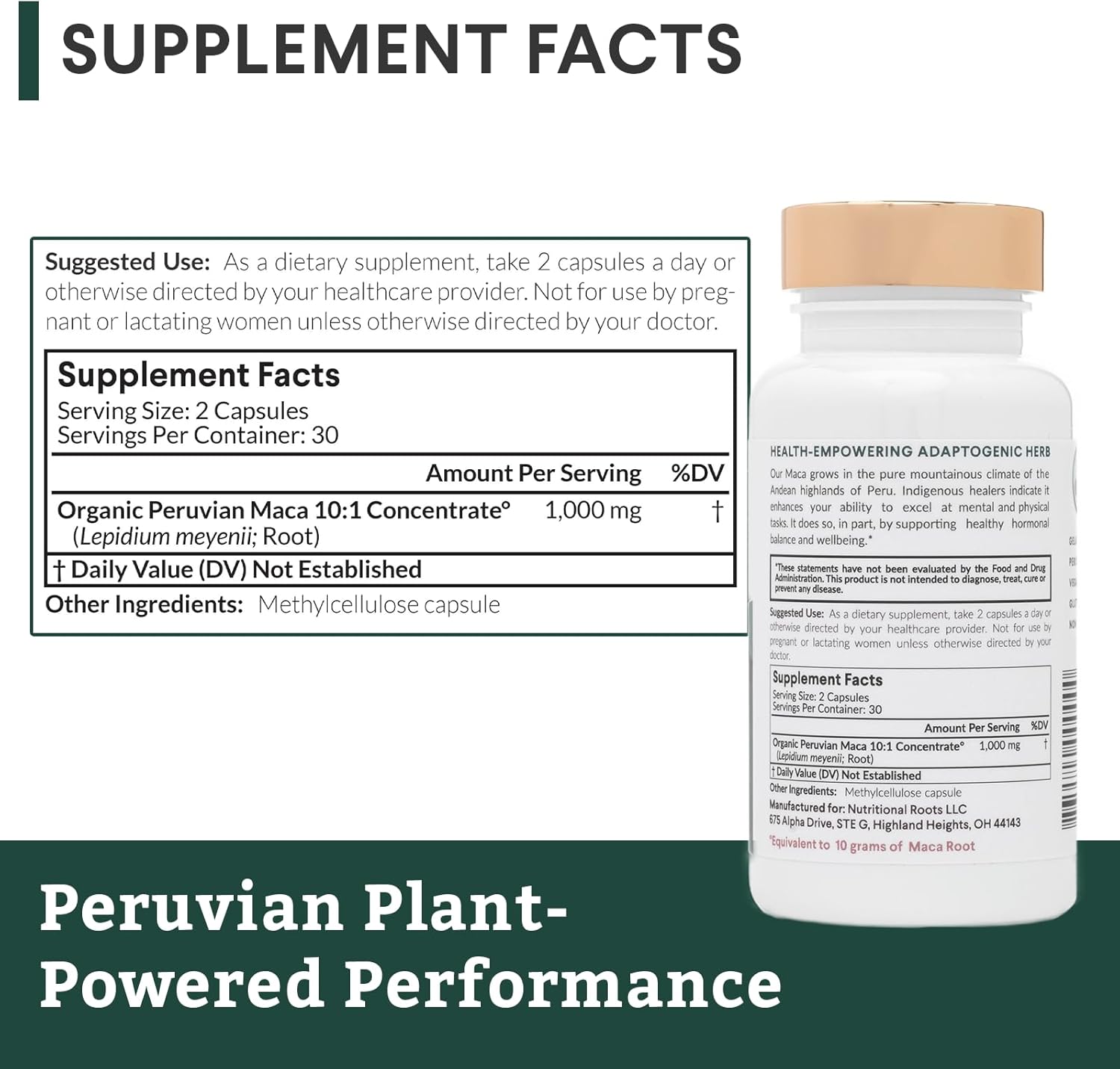 Maca Root Capsules: Peruvian Maca 10x, Made with Organic Maca Powder (Lepidum meyennii), 10:1 Concentration, Single-Origin, Vegan, Gelatinized Maca Supplement, 60 ct.