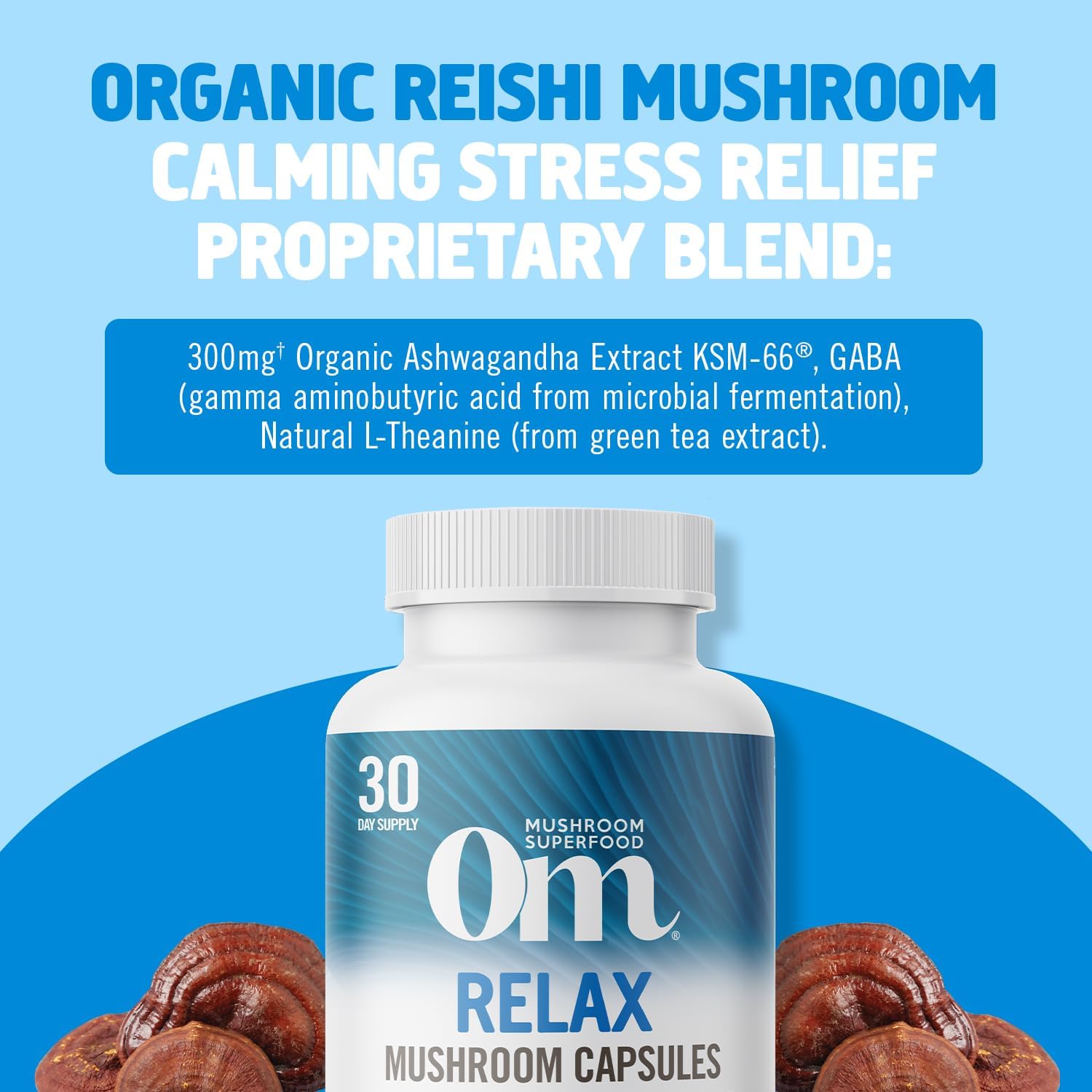 OM MUSHROOM SUPERFOOD Relax Mushroom Capsules, 90 Count, 30 Days, Reishi Mushrooms, Ashwagandha, GABA, L-Theanine, Magnesium, Adaptogens for Stress Support (Formerly Gently Zen, Packaging May Vary)