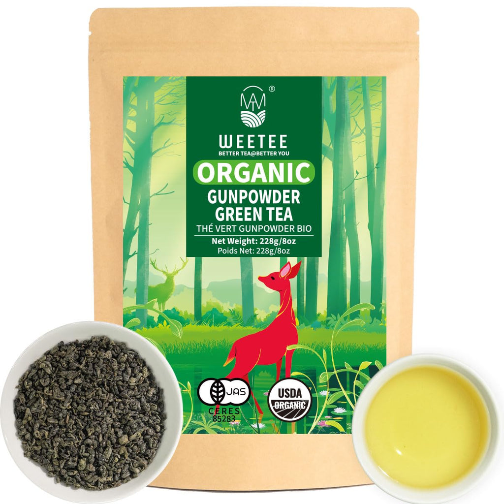 WT WEETEE Organic Gunpowder Green Tea, USDA Organic Loose Leaf Green Pearls Tea 8 Ounce, Full-Bodied & Gently Rolled Chinese Green Tea, Caffeinated