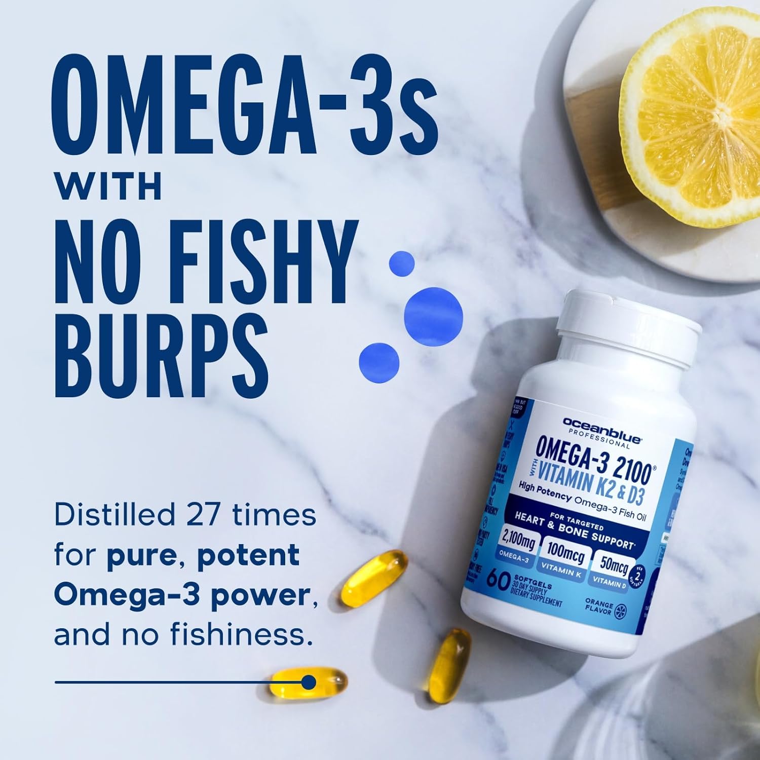 Oceanblue Professional Omega-3 2100 with Vitamin K2 and Vitamin D3-60 Count - Triple Strength Burpless Fish Oil Omega-3 Supplement with EPA, DHA & DPA - Wild Caught - Orange Flavor, 30 Servings