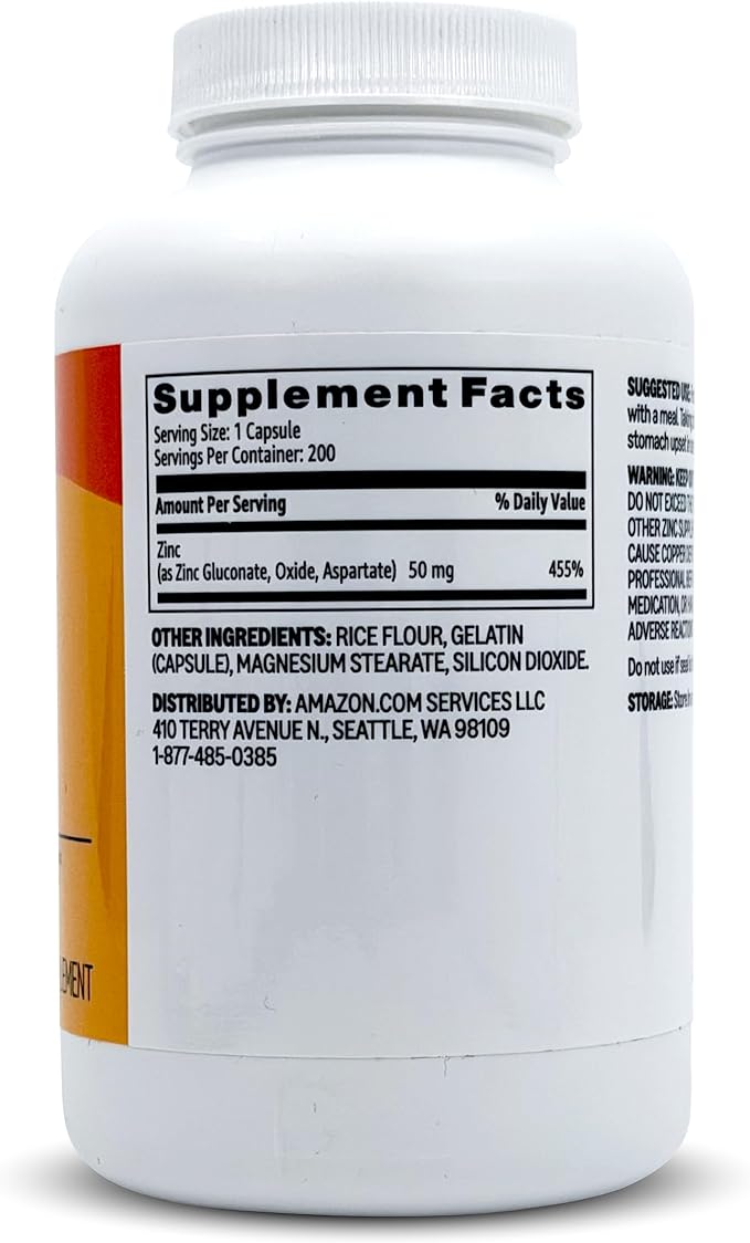 Amazon Basics Zinc Capsules, 50mg 200 Count