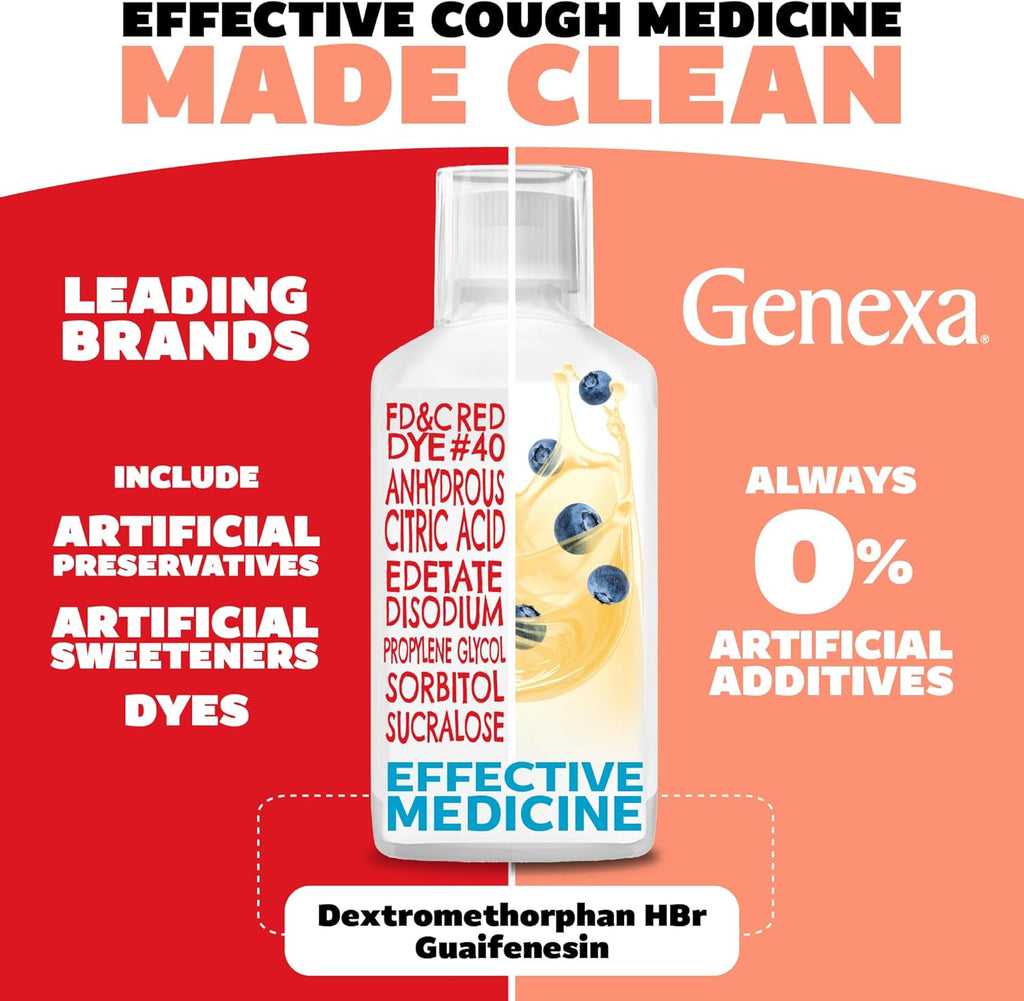 Genexa Clean Cough & Chest Congestion Relief, Dye Free, 0% Artificial Additives, Multi-Symptom Maximum Strength Relief Cough Syrup, Cough Suppressant & Expectorant, Organic Blueberry Flavor, 6 fl oz