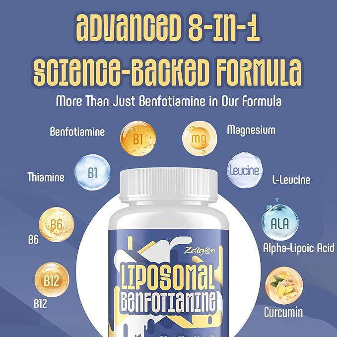 Zaigon Benfotiamine Thiamine Vitamin B1 Supplement, 600mg Liposomal Fat Soluble VIT B1 with Alpha-Lipoic Acid for Men & Women, Energy Boost, Glucose Metabolism & Nerve Support (120 Vegan Capsules)