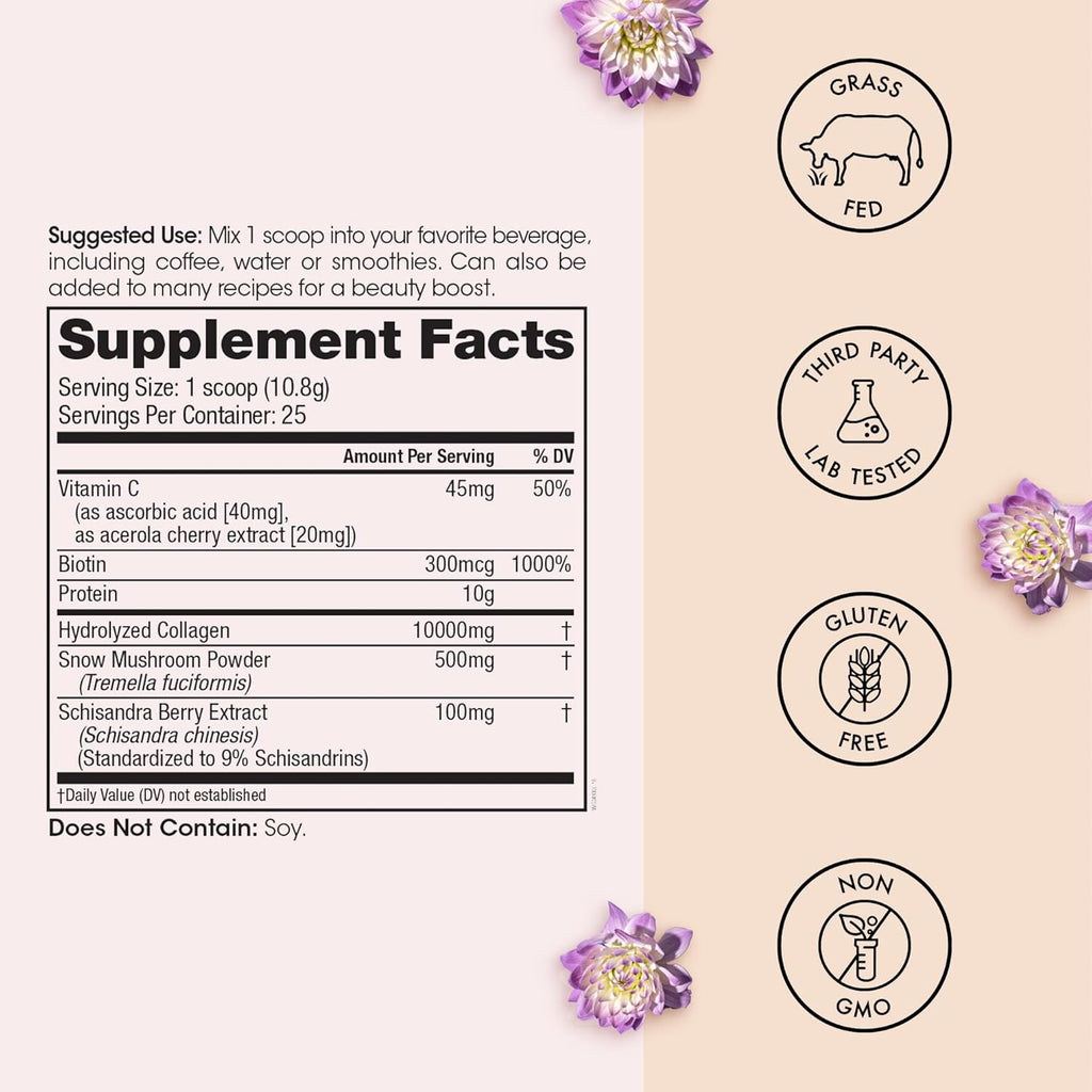 Winged Wellness Glow Up, Collagen Powder for Women - Hair, Skin & Nails Beauty Supplement with Grass-Fed Hydrolyzed Collagen Peptides Adaptogens, Vitamin C & Biotin - 25 Servings, Unflavored