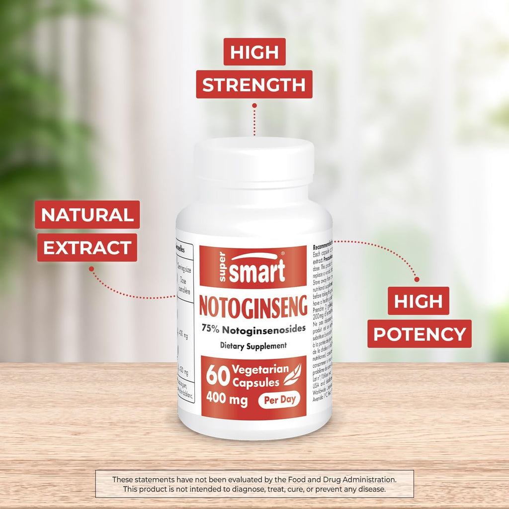 Supersmart - Notoginseng 400mg per Day (High Strength) - Panax Notoginseng Extract - 75% Notoginsenosides | Non-GMO & Gluten Free - 60 Vegetarian Capsules