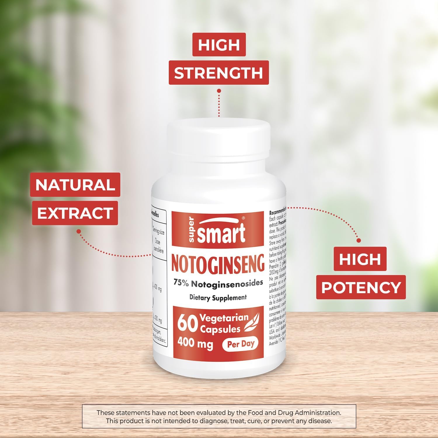 Supersmart - Notoginseng 400mg per Day (High Strength) - Panax Notoginseng Extract - 75% Notoginsenosides | Non-GMO & Gluten Free - 60 Vegetarian Capsules