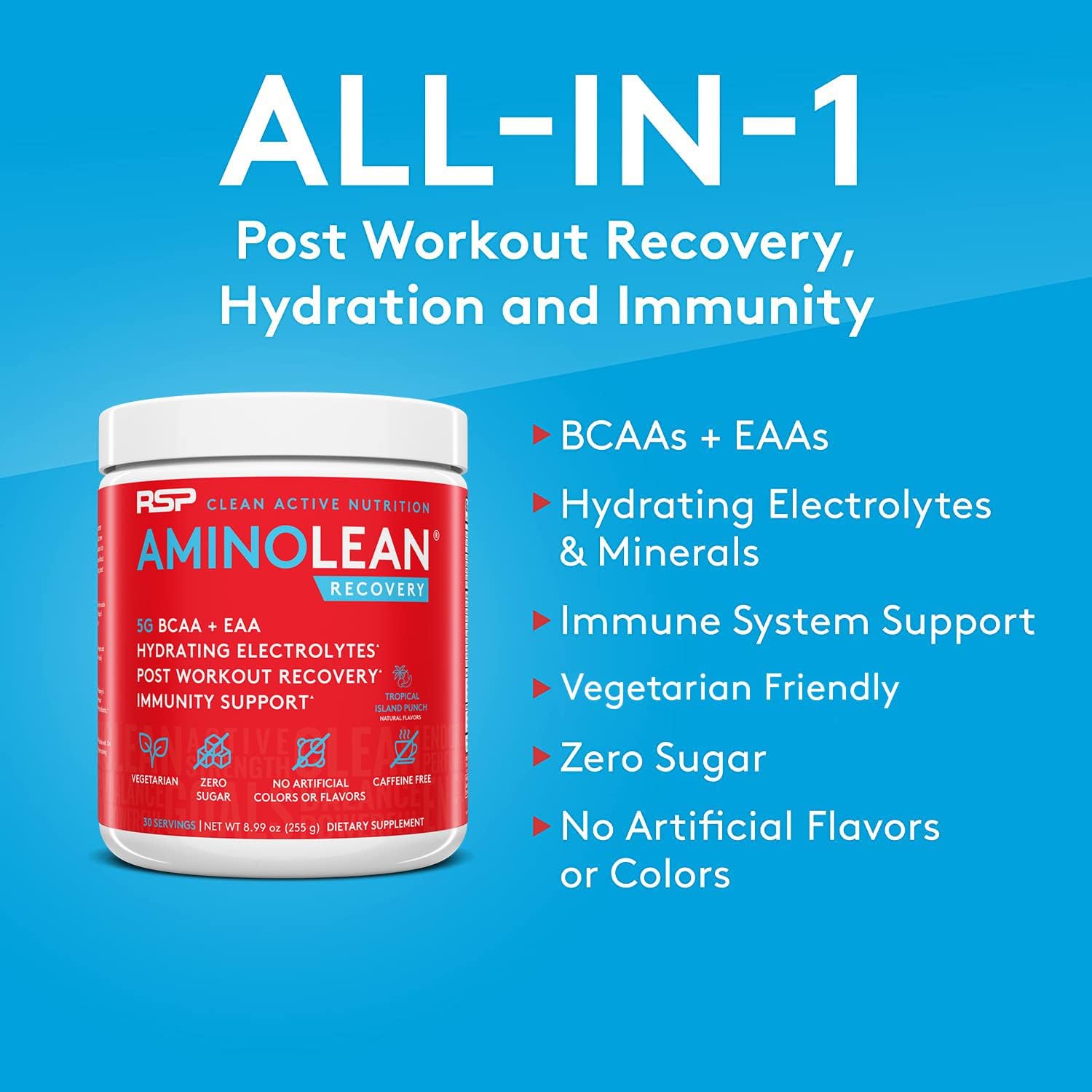 AminoLean Hydrating Electrolyte Powder and Recovery Drink with Sea Minerals, Nootropic Mushrooms, and Vegan Amino Acids, BCAAs + EAAs for Post Workout Muscle Building, Tropical Punch