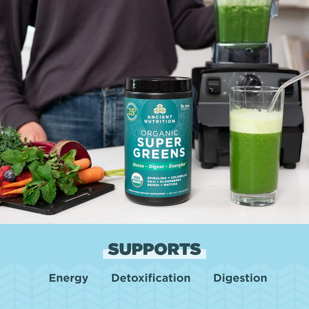 Ancient Nutrition Super Greens Powder, Organic Superfood Powder with Probiotics Made with Spirulina, Chlorella, Matcha, and Digestive Enzymes, 25 Servings, 7.05oz