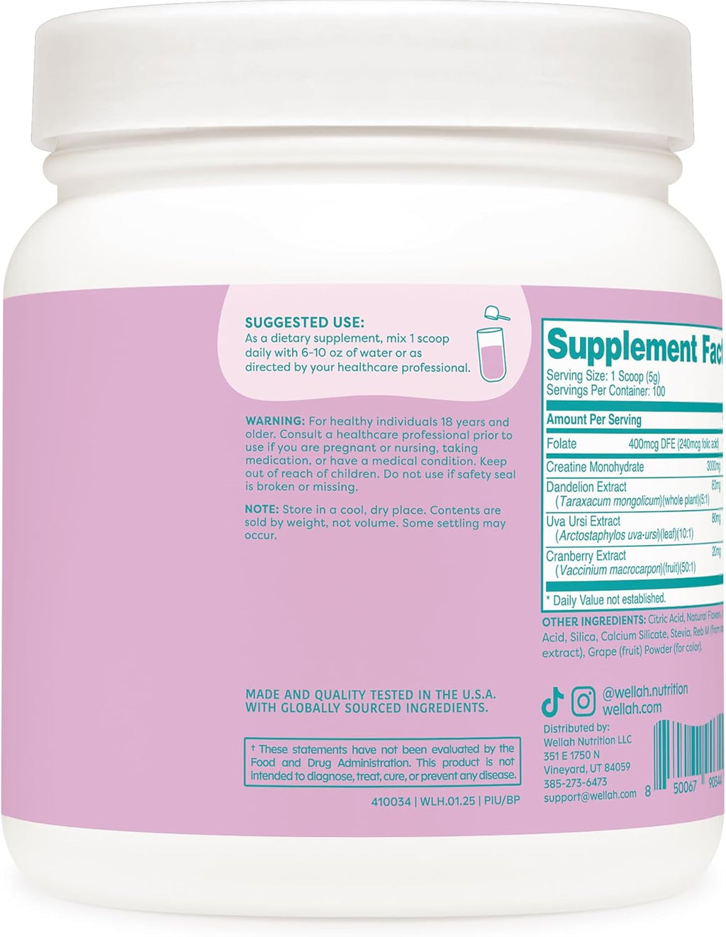Wellah Creatine for Women - Creatine Monohydrate with Dandelion & Cranberry Extract (100 Servings, Blueberry Pomegranate)