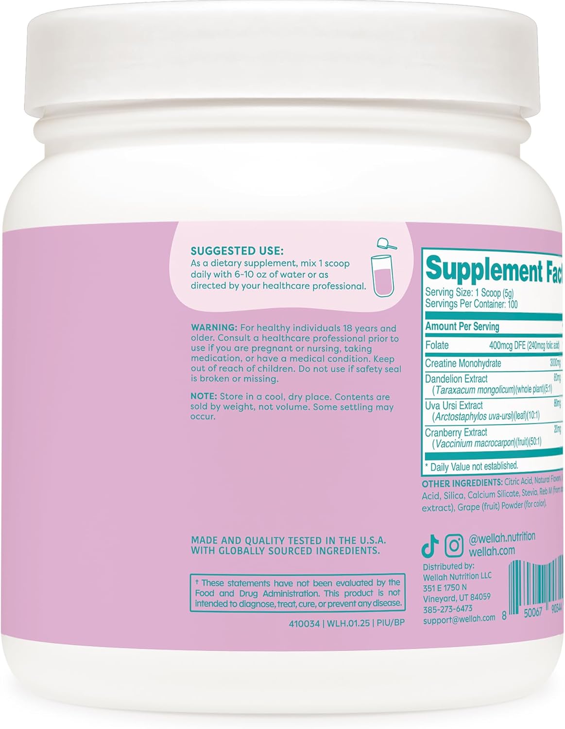 Wellah Creatine for Women - Creatine Monohydrate with Dandelion & Cranberry Extract (100 Servings, Blueberry Pomegranate)