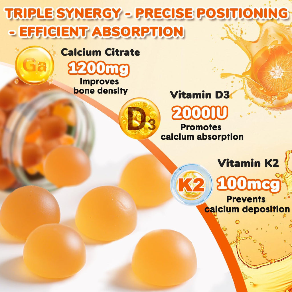 Calcium Citrate Gummies,Calcium 1200 mg with Vitamin D3 and K2 for Women & Men.Supports Bone Muscle & Teeth - Natural Orange Flavor,120 Gummies- 60 Day Vegan Supply
