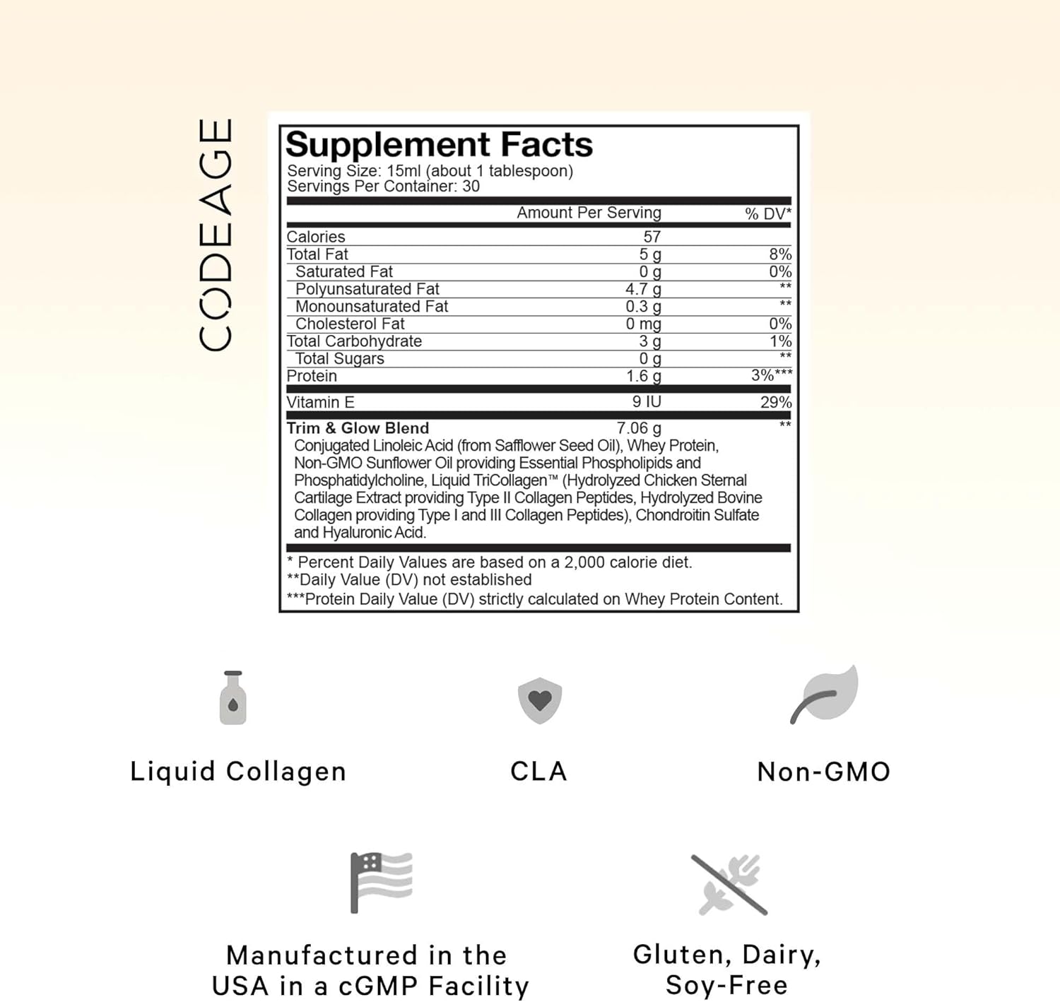 Codeage Liquid Collagen Supplement Vanilla Flavor, Beauty Trim & Glow Liposomal Collagen Peptides, CLA Conjugated Linoleic Acid, Hyaluronic Acid, Vitamin E, Hydrolyzed, Non-GMO, 15.22 fl oz