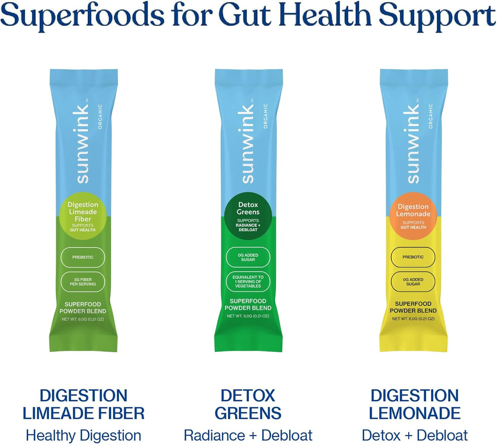 Sunwink Detox Powdered Greens - Organic Greens SuperFood Powder for Debloat - Super Greens Powder w/Celery, Dandelion, Spirulina - Daily Greens Powder for Gentle Detox (6g Each, Pack of 15)