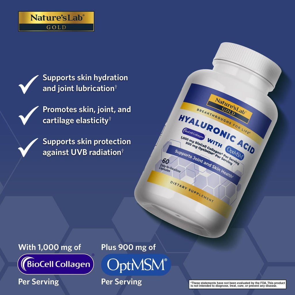 Nature's Lab Hyaluronic Acid with Biocell Collagen and MSM - Skin Hydration, Joint Health - 60 Capsules (20 Day Supply)