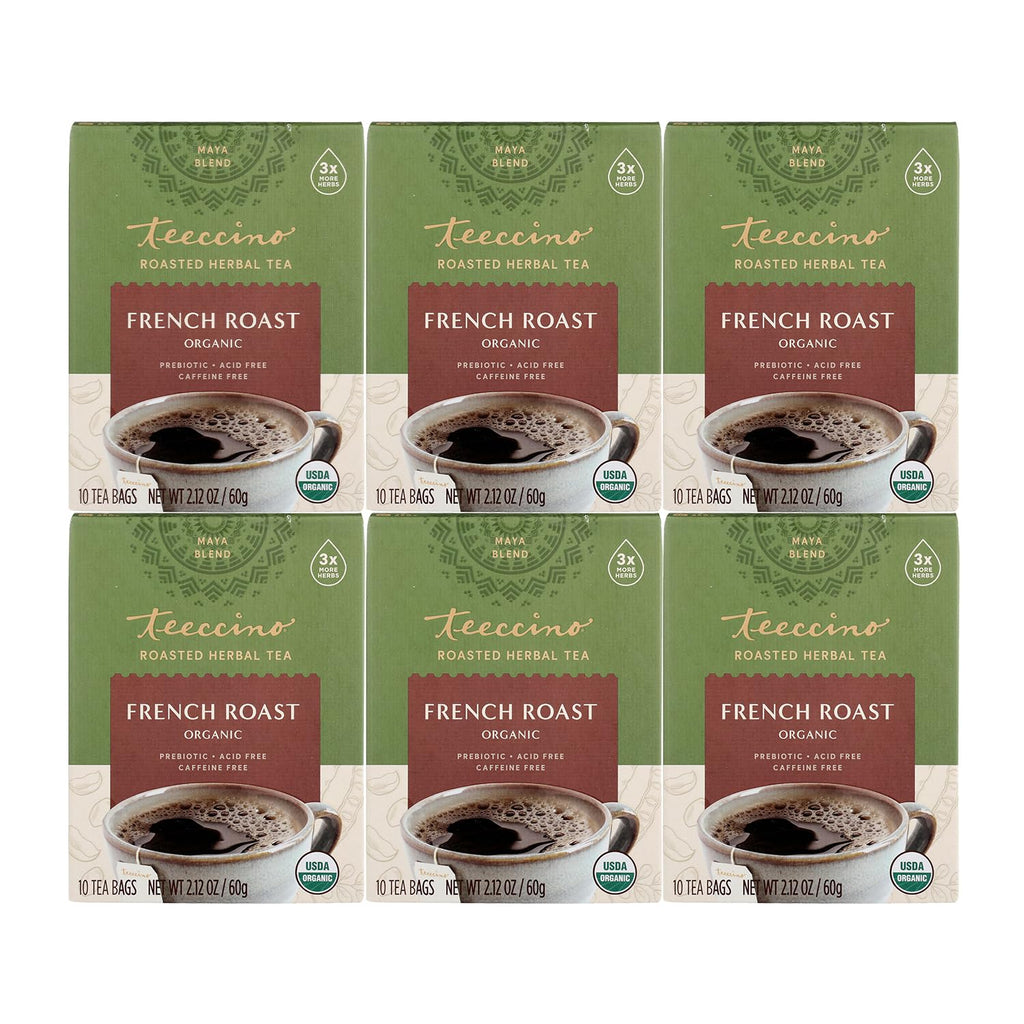 Teeccino French Roast Herbal Tea - Rich & Roasted Herbal Tea That’s Caffeine Free & Prebiotic for Natural Energy, Coffee Alternative, 10 Tea Bags (Pack of 6)