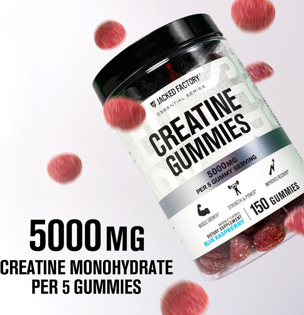 Jacked Factory Creatine Monohydrate Gummies 5g Daily Dose (1g per Gummy) - Creatine Gummy for Men and Women, Vegan-Friendly, Travel-Friendly, Third-Party Tested - 150 Gummies, Blue Raspberry