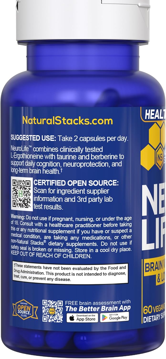 NeuroLife Longevity Supplement - 500mg Taurine & 400mg Berberine Supplement - Clinically Tested MitoPrime L-Ergothioneine - Brain Support for Cognitive Vitality - 60 Berberine Capsules