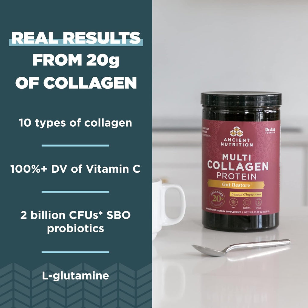 Ancient Nutrition Collagen Powder Protein, Multi Collagen Protein, Hydrolyzed Collagen Peptides Supports Skin and Nails, Joint Supplement (Gut Restore, 20 Servings)