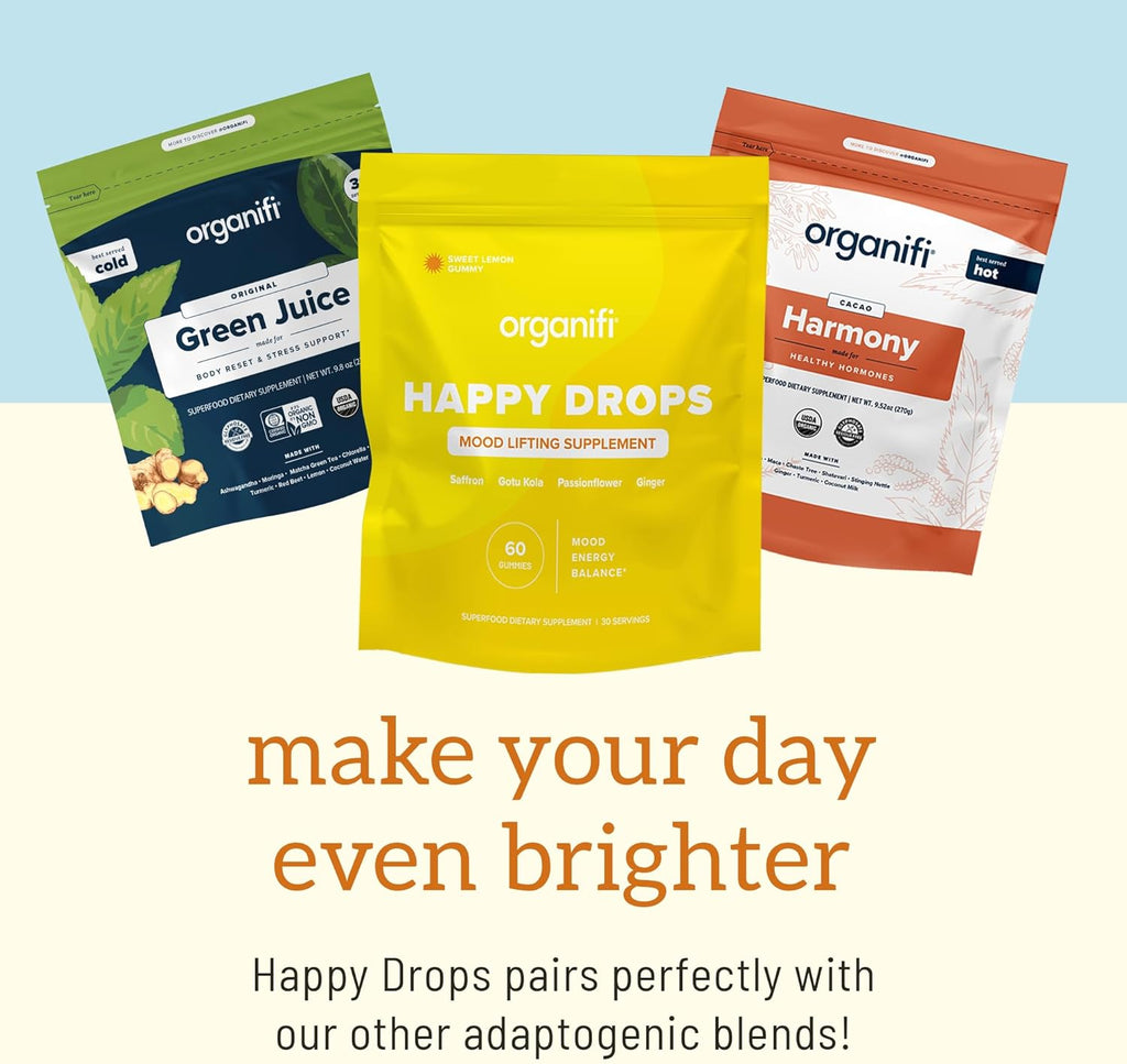 Organifi Happy Drops - Daily Superfood Happy Gummies for Adults - Mood Support Supplement for Balance, Bliss, Energy and Taking The Edge Off - Sweet Lemon Flavor - 60 Gummies