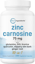 Zinc Carnosine 75mg, 240 Veggie Capsules | 10-in-1 Zinc Supplements for Men & Women with Glutamine, DGL Licorice, Quercetin, Slippery Elm Bark, & Ginger Root | Non-GMO, Gluten Free