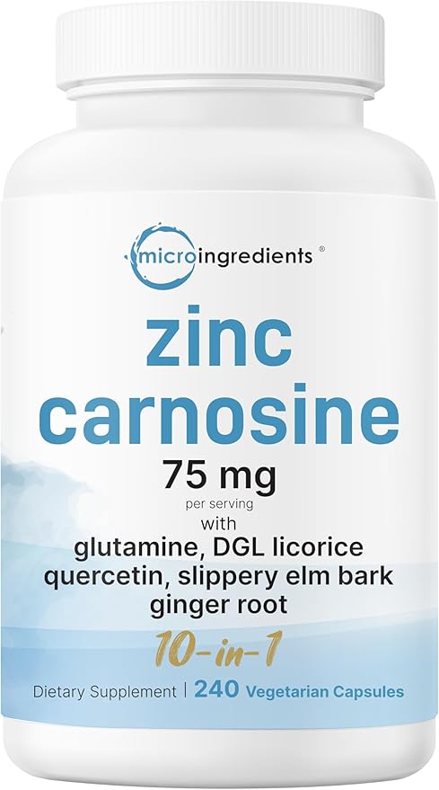 Zinc Carnosine 75mg, 240 Veggie Capsules | 10-in-1 Zinc Supplements for Men & Women with Glutamine, DGL Licorice, Quercetin, Slippery Elm Bark, & Ginger Root | Non-GMO, Gluten Free