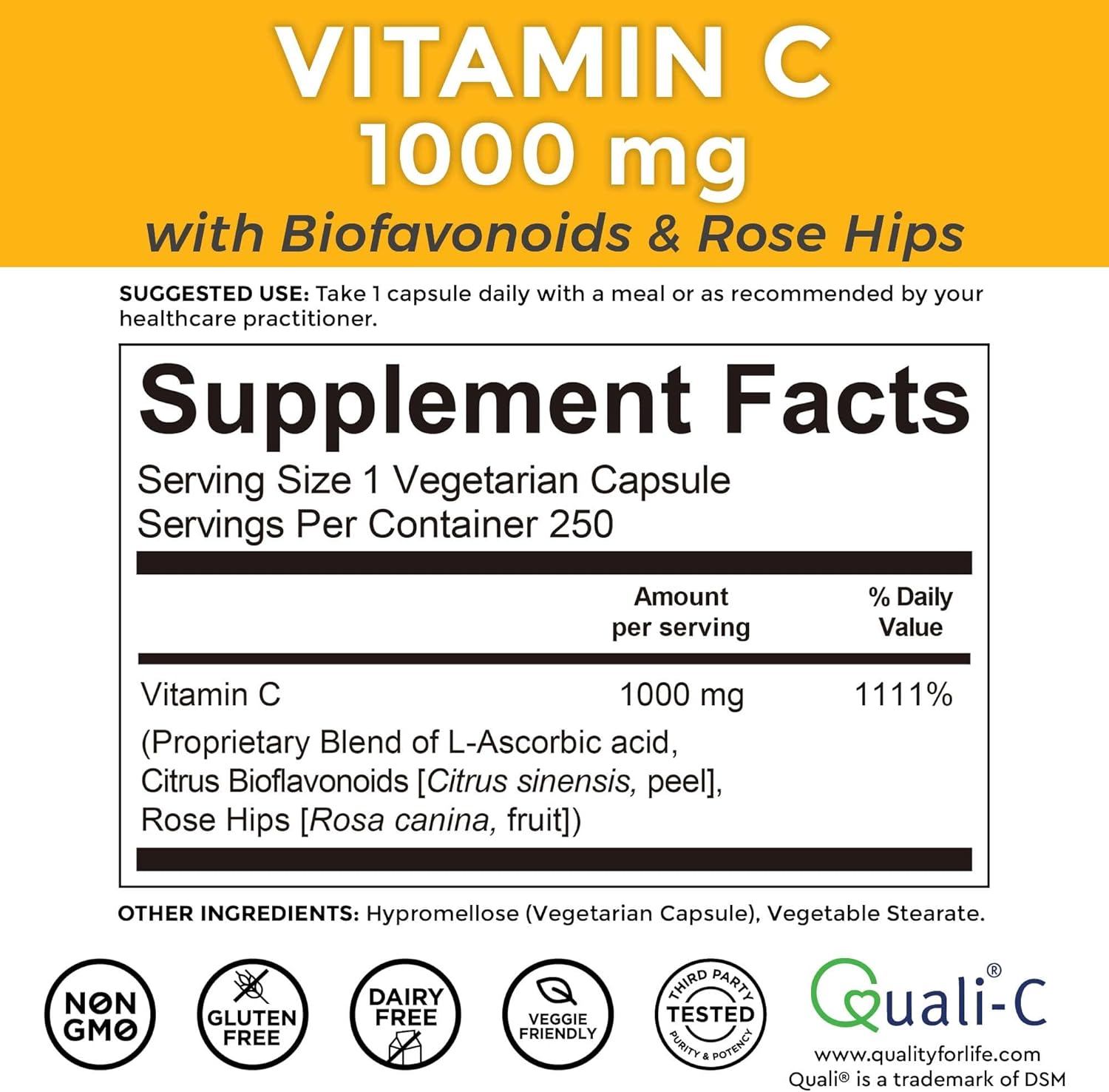 Viva Naturals Vitamin C 1000mg - Non-GMO Vitamin C Supplements with Citrus Bioflavonoids & Rose HIPS for Immune Support & Antioxidant Protection, 250 Vegetarian Capsules