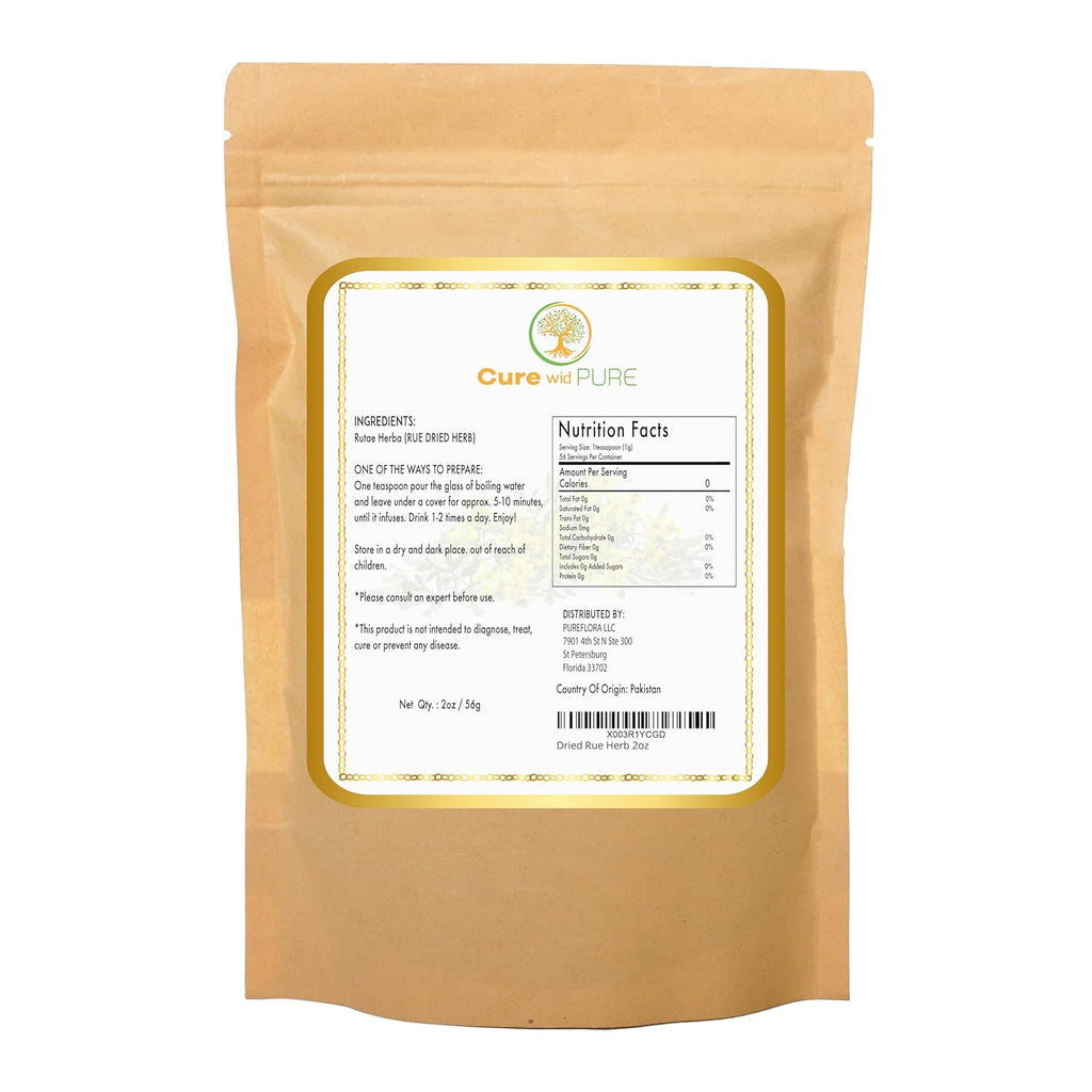 Cure wid Pure Dried Rue Herb - Ruda Planta Natural In Eco-Friendly Resealable Pouch - Rich Taste & Aromatic Dried Rue Plant Herbal Tea 2 oz/56 g