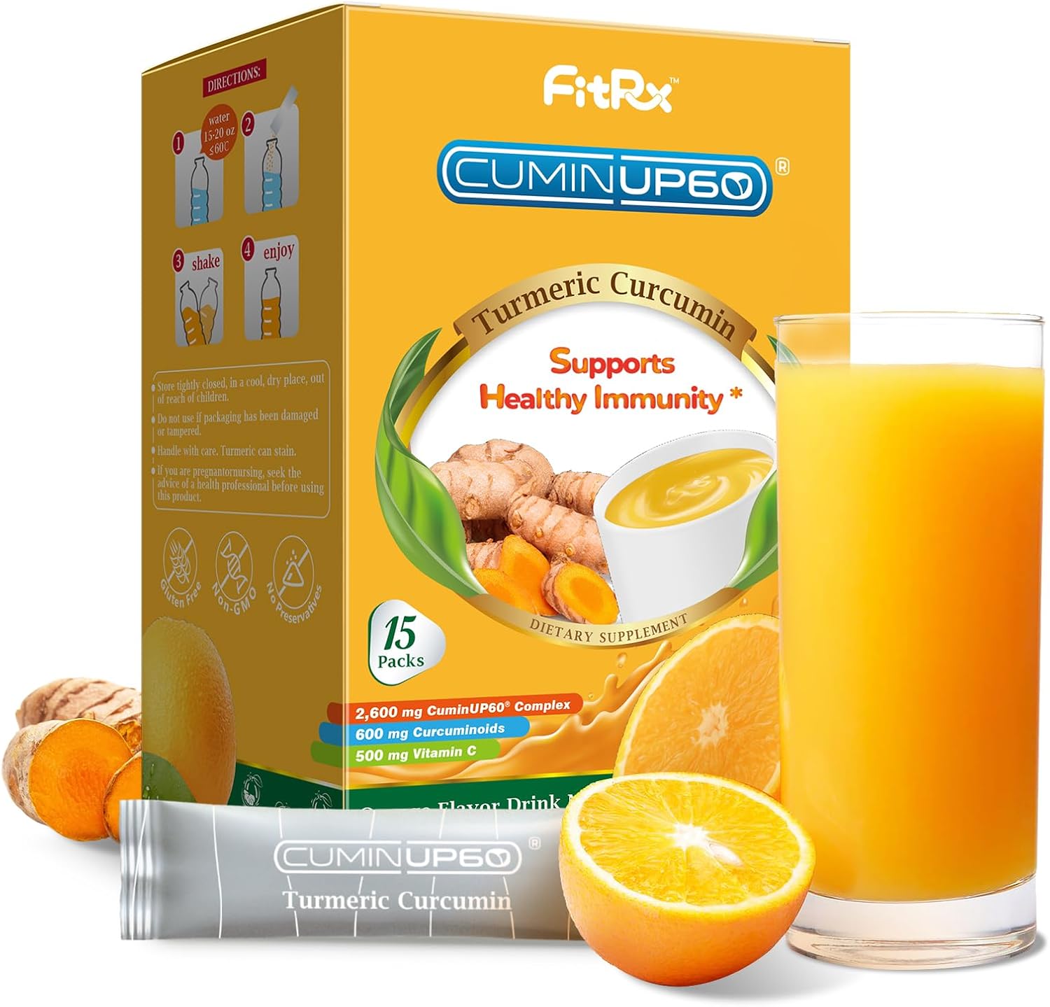 Turmeric Curcumin Drink Powder, Turmeric Shots with Vitamin C for Immunity, Orange Flavor Instant Drink Mix Packets, High Absorption Curcumin Complex, Immune & Recovery, Joint Support Supplement