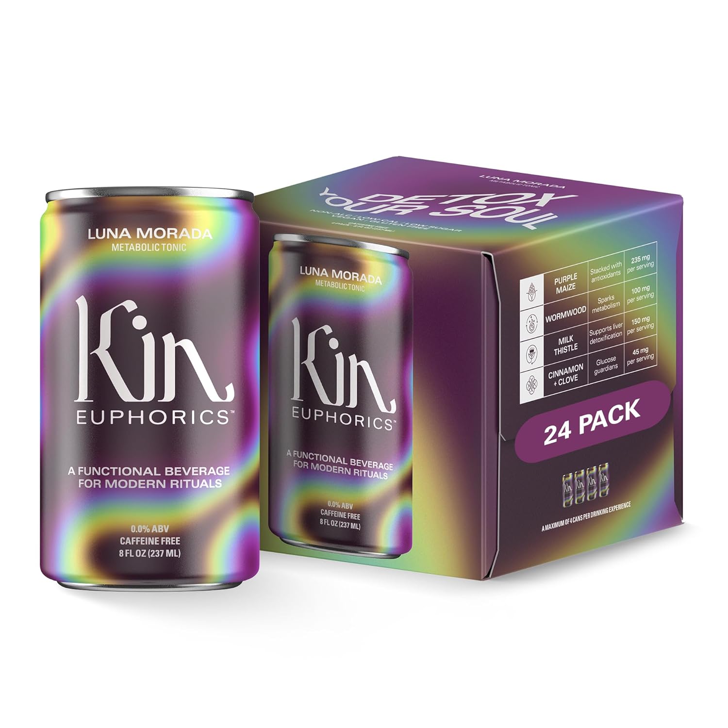 Kin Euphorics Luna Morada Non-Alcoholic Functional Beverage | Metabolic Tonic for Digestive & Liver Support | Caffeine-Free & Functional Beverage | 8 Fl Oz (24pk)