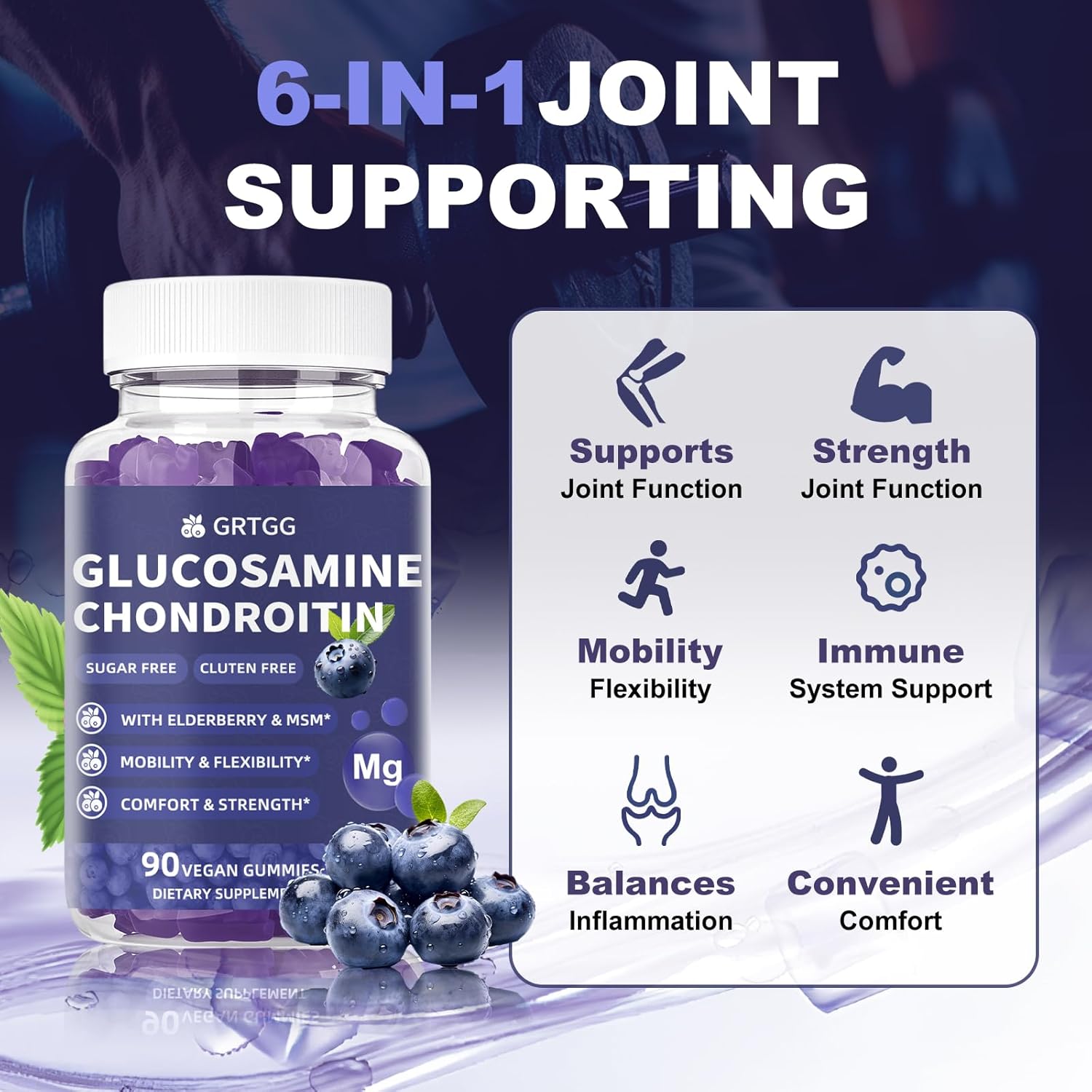 Glucosamine Chondroitin Gummies with MSM & Elderberry Extra Strength 3000MG - Joint Support, Antioxidant Immune Support Supplement for Adults, Men & Women - 90 Blueberry Gummies