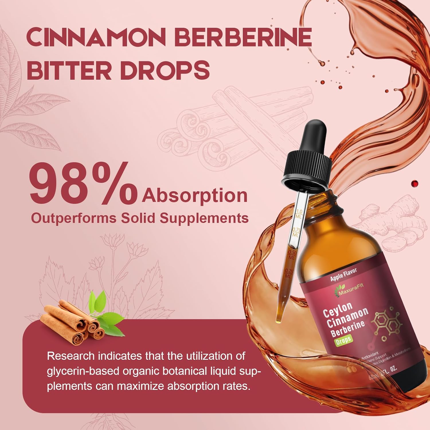 Ceylon Cinnamon Berberine Bitter Liquid Drops Supplement with Turmeric,Green Tea,Apple Cider Vinegar,Black Seed Oil for Immune System & Digestive System Supports 2 FL OZ