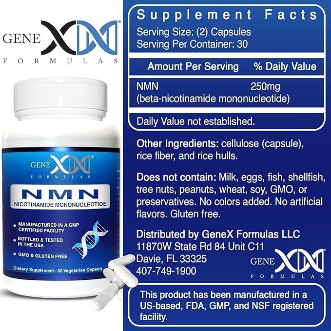 Genex Formulas NMN 250mg Supplements (4 Pack) - 99% Pure Shelf Stabilized Supplement Capsules for Increased NAD Levels & Healthy Aging, GMP Certified, 4 Month Supply