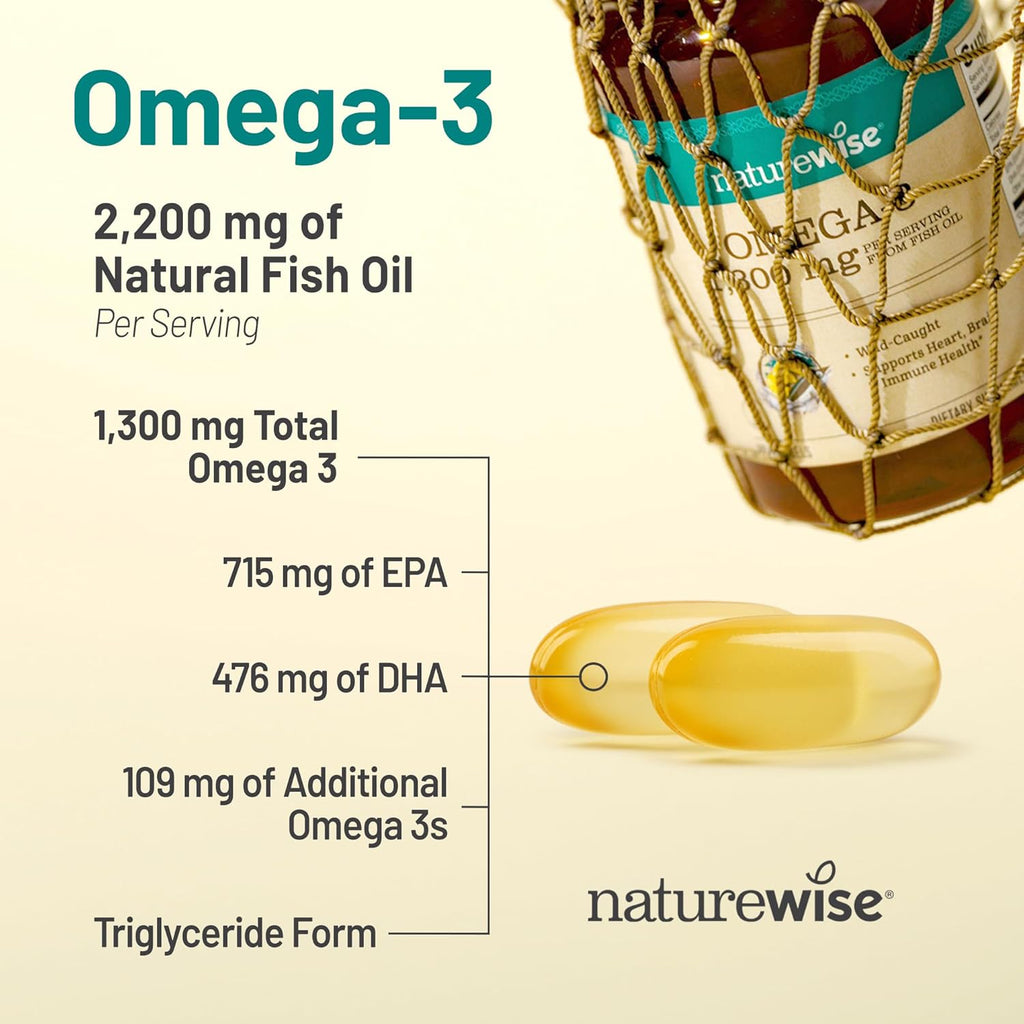 NatureWise Ultra Omega 3 Fish Oil 2200 mg - Triglyceride Form - Lemon Flavor - Wild-Caught Fish Oil + EPA & DHA - Supports Brain & Heart Health - Burpless, Non-GMO - 120 Softgels[2-Month Supply]