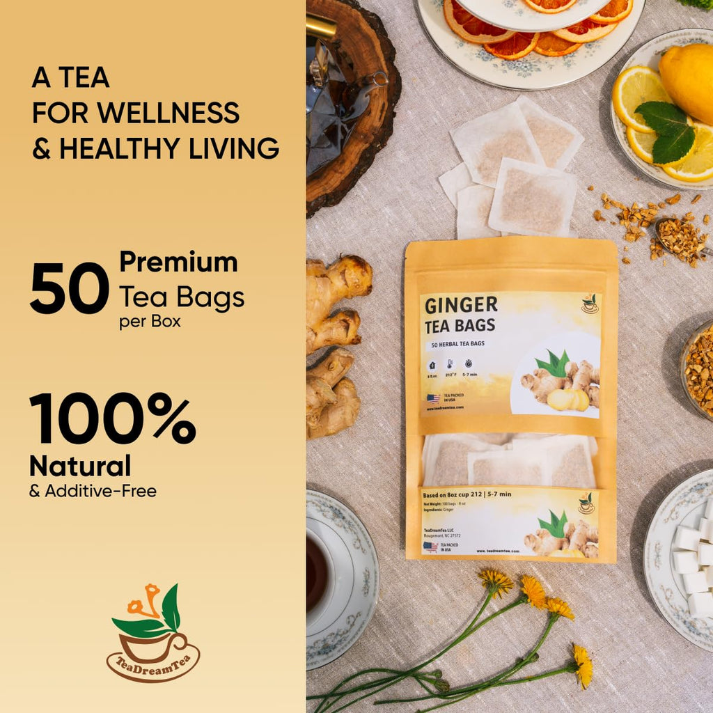 TeadreamTea Ginger Tea Bags - 50 Bleach-Free Tea Bags | Caffeine Free, Antioxidant, Calms Upset Stomach - Strengthen Immune System - Herbal Ginger Tea