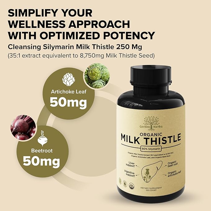 USDA Organic Milk Thistle Supplement 80% Silymarin – 250 mg with Beet Root & Artichoke Leaf Extract – Herbal Formula for Liver and Digestive Support, 120 Capsules