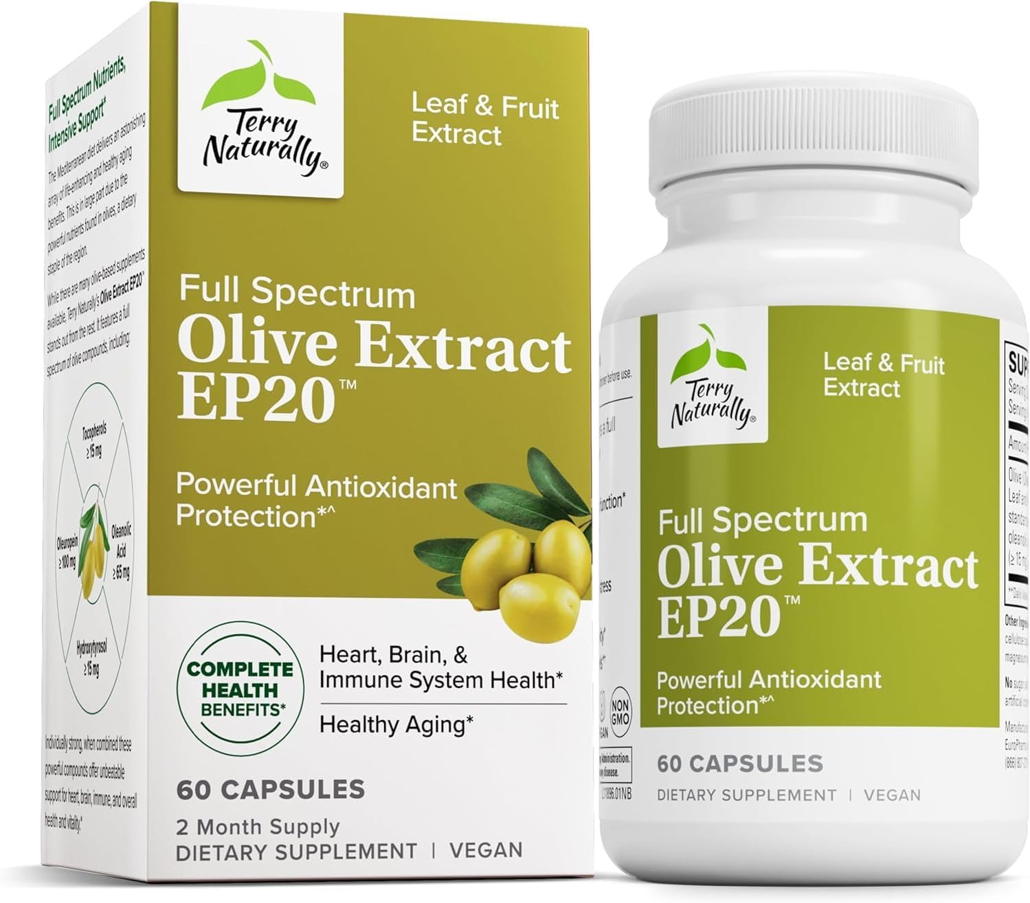 Terry Naturally Olive Extract EP20 - Brain Health Support Supplement with Olive Leaf Extract - Herbal Supplement to Aid Healthy Immune System Function - 60 Capsules (60 Servings)