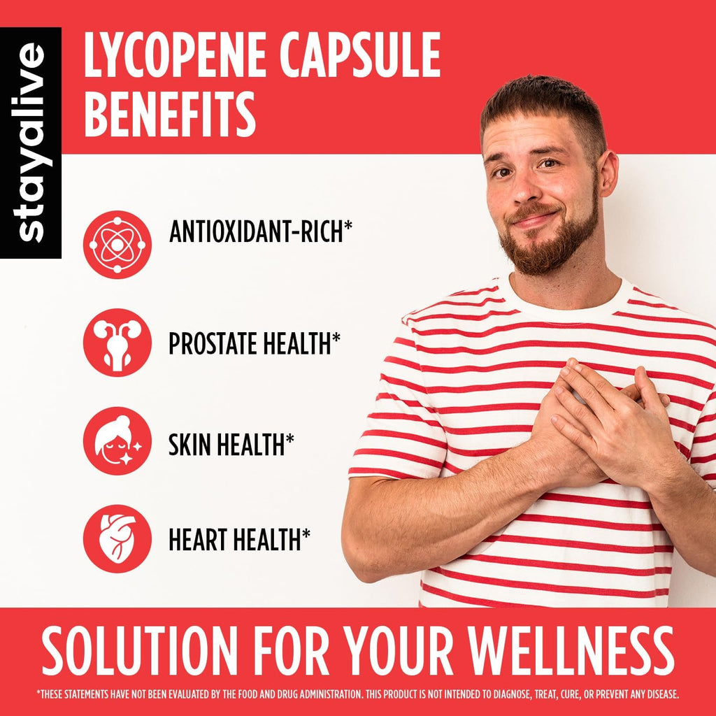 STAY ALIVE Lycopene Supplement for Men 60mg, Natural Tomato Extract Powder, 120 Capsules with 4 Months Supply, 100% Veg Lycopene Complex, Non-GMO and Gluten Free Carotenoid Supplement