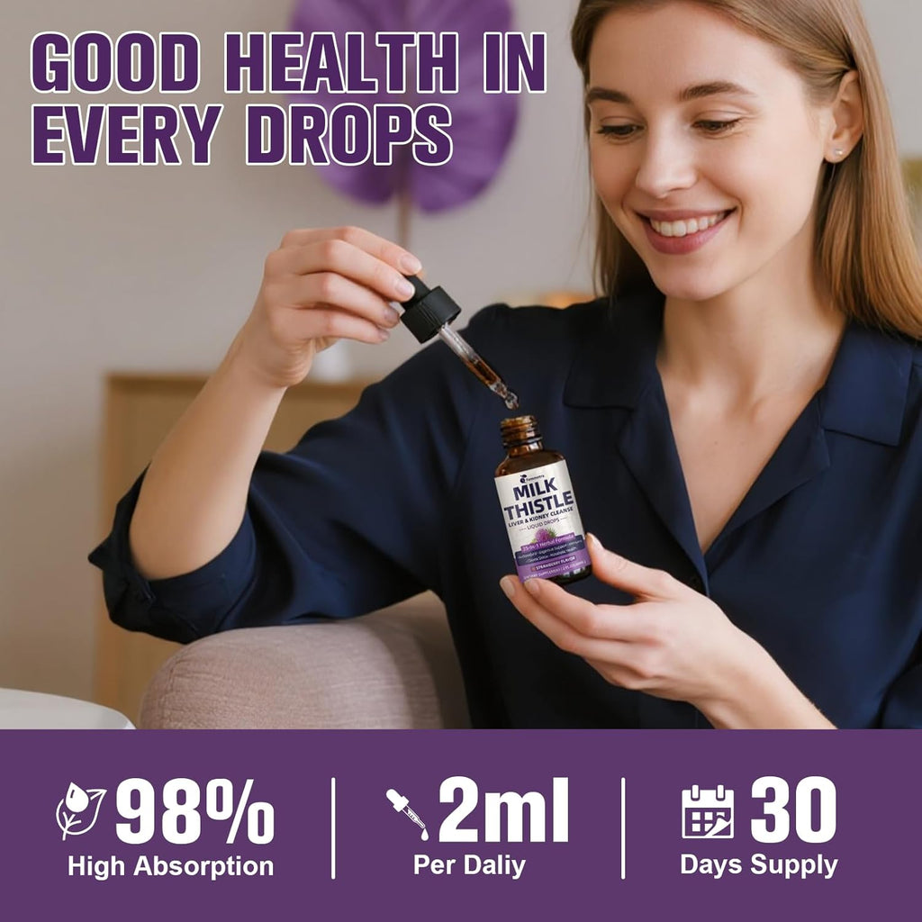Milk Thistle Extract Liquid Drops for Liver Cleanse Detox & Repair, 35-IN-1 Kidney Support Supplement with Artichoke & Dandelion for Urinary Tract, Bladder, Vegan, Non-GMO, Strawberry Flavor, 2 FL OZ