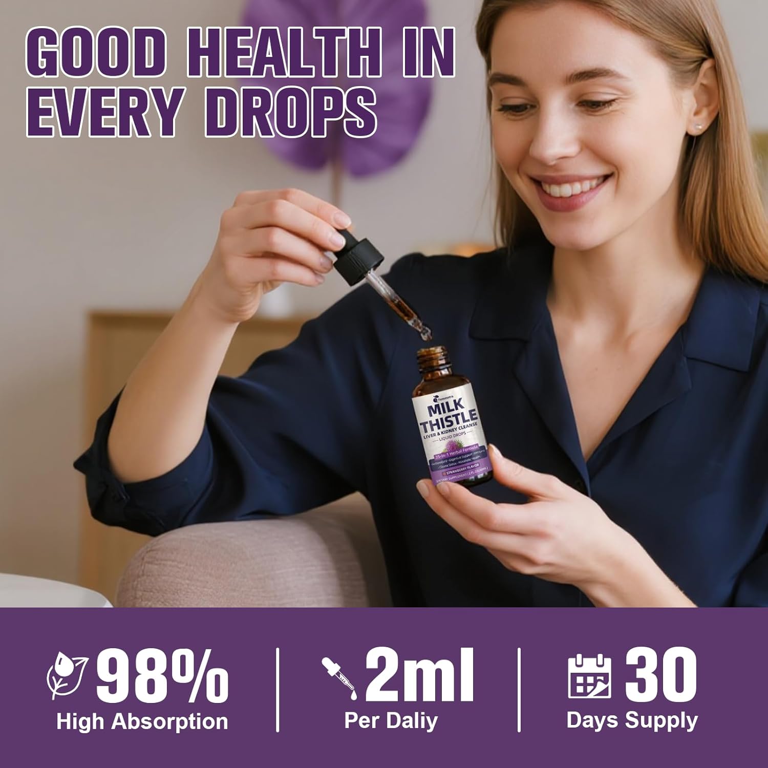 Milk Thistle Extract Liquid Drops for Liver Cleanse Detox & Repair, 35-IN-1 Kidney Support Supplement with Artichoke & Dandelion for Urinary Tract, Bladder, Vegan, Non-GMO, Strawberry Flavor, 2 FL OZ