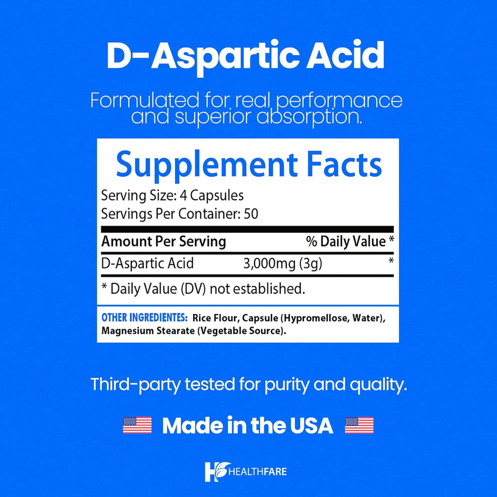 D-Aspartic Acid Capsules 3000mg | 200 Vegan Capsules | Premium Amino Acid Supplement | Naturally Sourced | Non-GMO & Gluten-Free | Made in The USA