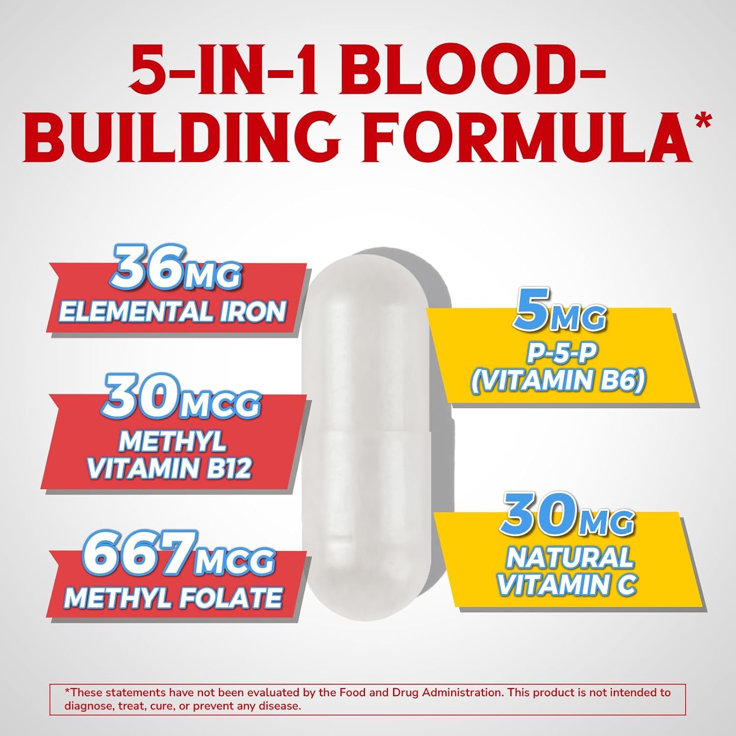 Iron Supplement for Women & Men, with Vitamins C, B6, B12 & Folate for Iron Deficiency, Blood Building & Energy Support, Stomach Friendly, Better Absorption, Non-GMO, No Gluten, 180 Vegan Caps
