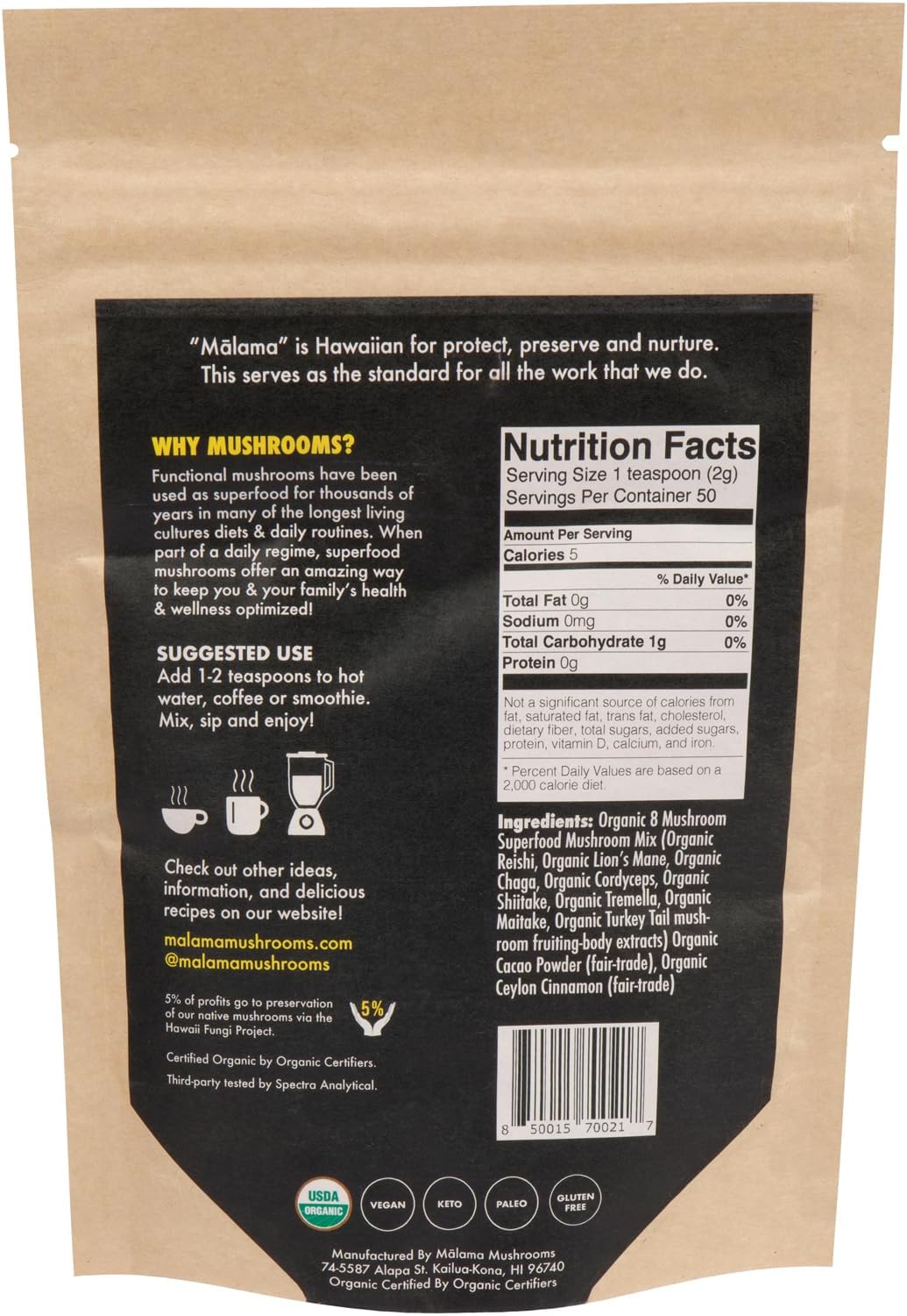 Malama 8-Mushroom Hot Cacao Mix, Organic Chocolate Blend Mushroom Powder for Focus & Inmune Support – with Lion's Mane, Reishi, Chaga, Turkey Tail – Vegan Supplement, 3.5 oz (50 Servings)